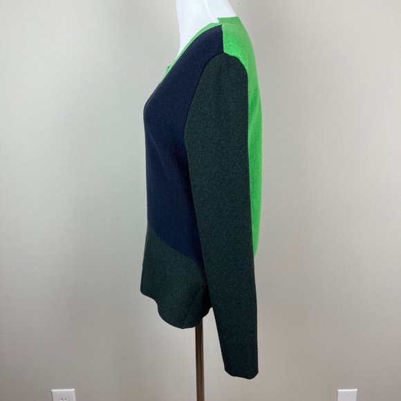 Tome Sweater Women Large Navy Green Colorblock Merino Wool Cotton Slit Peplum - Picture 8 of 15